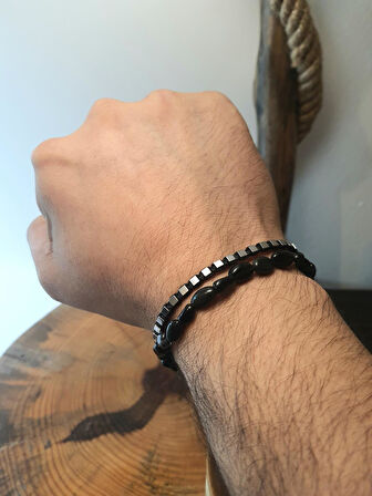 JTAW25BLK1641 ONYX DOĞALTAŞ ESNEK ve HEMATİT DOĞALTAŞ İPLİ SİYAH GRİ GARANTİLİ HEDİYE KUTULU JANTİ BİLEKLİK