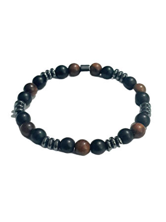 JTAW25BLK1644 8 MM MAZI AĞACI ONYX ve HEMATİT DOĞALTAŞ ESNEK SİYAH GARANTİLİ JANTİ BİLEKLİK