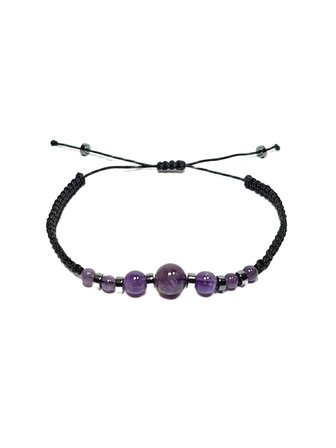 JTSS26BLK1868 AMETİST ve HEMATİT DOĞALTAŞ MAKROME İP EL ÖRMESİ MOR SİYAH UNISEX BİLEKLİK GARANTİLİ KUTULU JANTİ BİLEKLİK