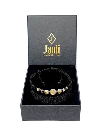 JTSS26BLK1869 SİTRİN ve HEMATİT DOĞALTAŞ MAKROME İP EL ÖRMESİ SARI GOLD SİYAH UNISEX BİLEKLİK GARANTİLİ KUTULU JANTİ BİLEKLİK