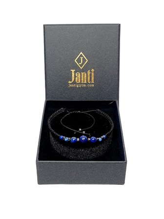 JTSS26BLK1870 LAPİS LAZULİ ve HEMATİT DOĞALTAŞ MAKROME İP EL ÖRMESİ SARI GOLD SİYAH UNISEX BİLEKLİK GARANTİLİ KUTULU JANTİ BİLEKLİK