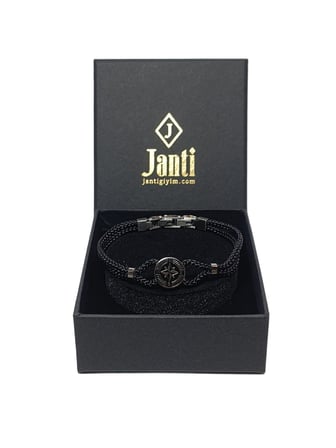 JTSS26BLK1878 PASLANMAZ ÇELİK KİLİT SİYAH MİLAN İP EL YAPIMI PUSULA APARATLI UNISEX BİLEKLİK GARANTİLİ KUTULU JANTİ BİLEKLİK