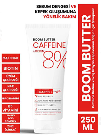 BOOM BUTTER Caffeine Biotine Yavaş Uzayan Kepeklenen Saçlar için Şampuan 250 ML