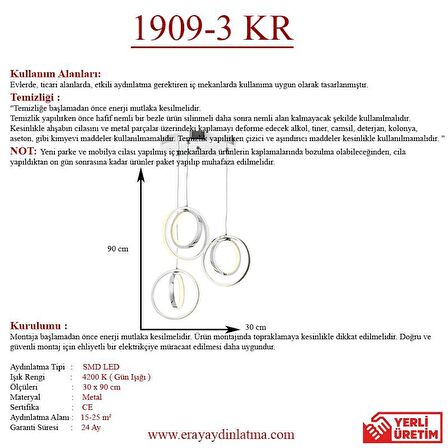 1909-3 Krom 3 lü Led Avize