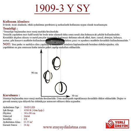 1909-3 Siyah 3 lü Led Avize