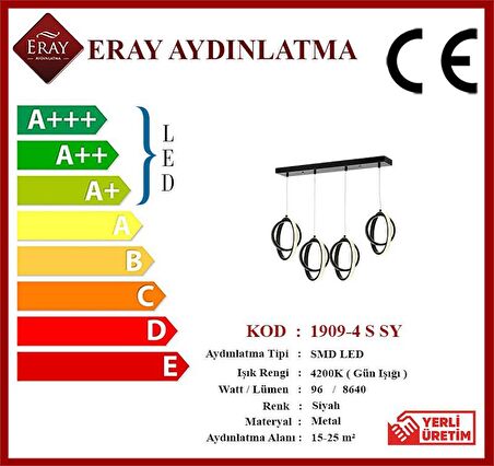 1909-4 Siyah Sıralı 4 lü Led Avize