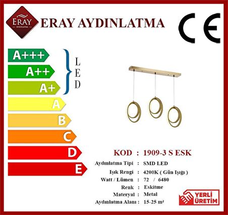 1909-3 Eskitme Sıralı 3 lü Led Avize