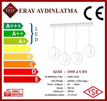 1909-4 Beyaz 4 lü Sıralı Led Avize