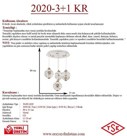 2020-3+1 4lü Krom Sarkıt Led Avize