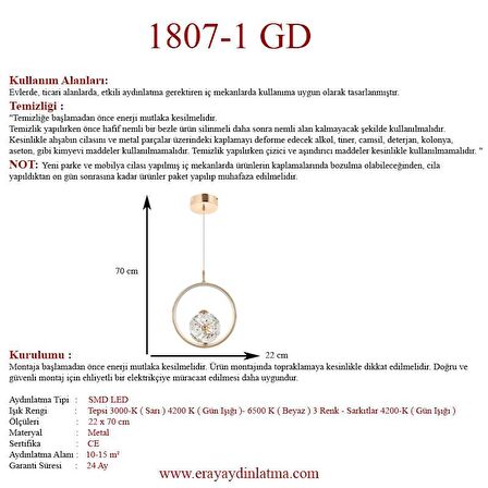 1807-1 Gold Kristal Taşlı Led Avize