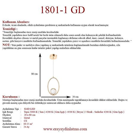 1801-1 Gold Kristalli Led Avize