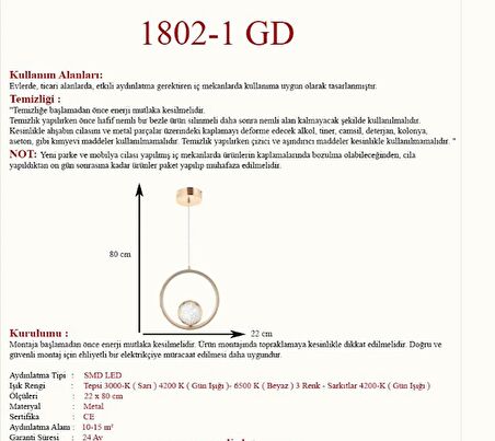 1802-1 Gold Kristalli Led Avize