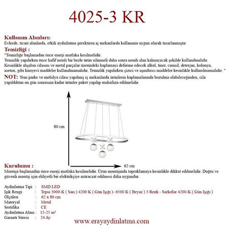 4025-3 KR 3 Toplu Krom Led Avize