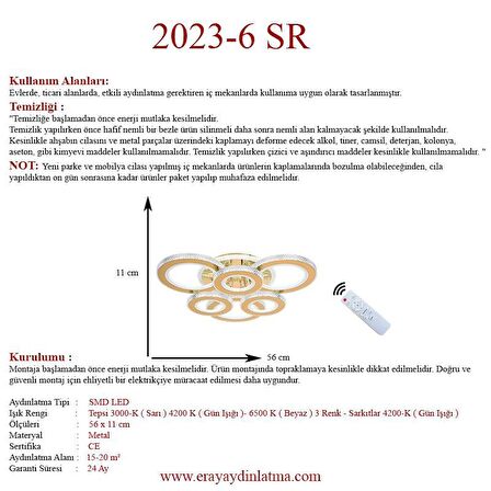 Eray Aydınlatma 2023-6 Sarı Dimmer Kumandalı Led Avize