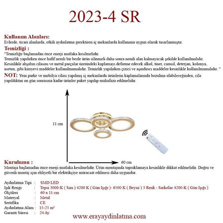 Eray Aydınlatma 2023-4 Sarı Dimmer Kumandalı Led Avize