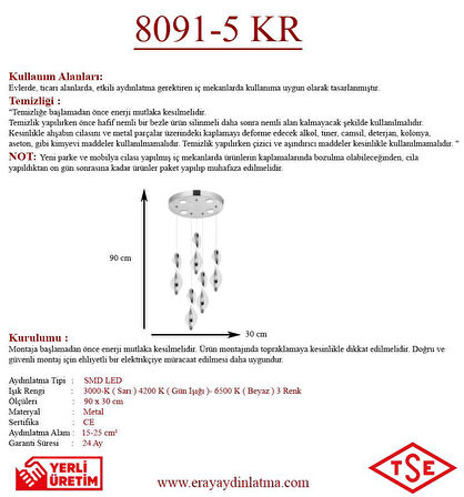 Eray Aydınlatma 8091-4+1 5li Krom Sarkıt Led Avize