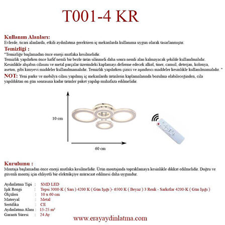 Eray Aydınlatma T001-4 Krom Kumandalı Led Avize