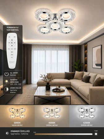 Eray Aydınlatma A017-4+1 Krom Dimmer Kumandalı Led Avize