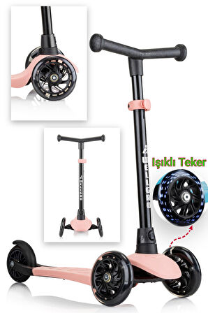 Wellgro Işıklı 3 Tekerli Yükseklik Ayarlı Scooter, Pembe