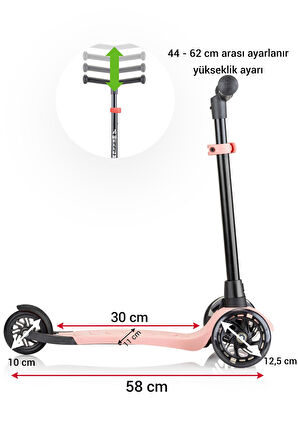 Wellgro Işıklı 3 Tekerli Yükseklik Ayarlı Scooter, Pembe