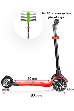 Wellgro Işıklı 3 Tekerli Yükseklik Ayarlı Scooter, Kırmızı