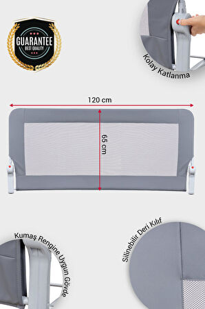 Wellgro Premium 120x65 cm Deri Kılıflı Yatak Bariyeri, Katlanır Yatak Korkuluğu, Gri