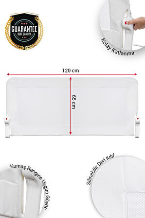 Wellgro Premium 120x65 cm Deri Kılıflı Yatak Bariyeri, Katlanır Yatak Korkuluğu, Beyaz