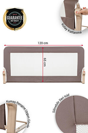 Wellgro Premium 120x65 cm Deri Kılıflı Yatak Bariyeri, Katlanır Yatak Korkuluğu, Kahve