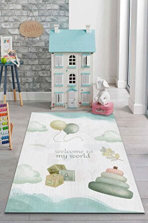 Homshtag Dünyama Hoşgeldin Pamuklu Dokuma Tabanlı Yıkanabilir Kaymaz Dekoratif Çocuk Odası Halısı