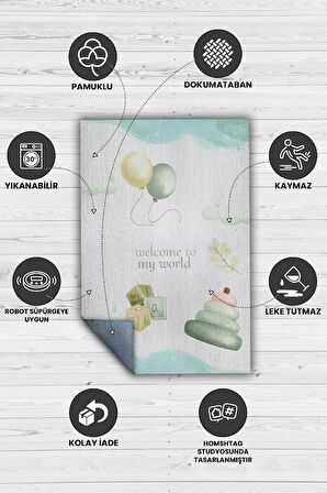 Homshtag Dünyama Hoşgeldin Pamuklu Dokuma Tabanlı Yıkanabilir Kaymaz Dekoratif Çocuk Odası Halısı