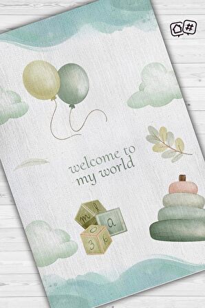 Homshtag Dünyama Hoşgeldin Pamuklu Dokuma Tabanlı Yıkanabilir Kaymaz Dekoratif Çocuk Odası Halısı