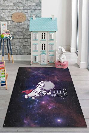 Homshtag Merhaba Dünya Pamuklu Dokuma Tabanlı Yıkanabilir Kaymaz Dekoratif Çocuk Odası Halısı
