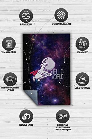 Homshtag Merhaba Dünya Pamuklu Dokuma Tabanlı Yıkanabilir Kaymaz Dekoratif Çocuk Odası Halısı