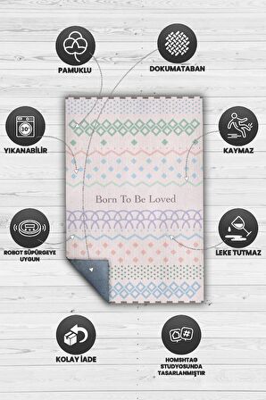 Homshtag Sevilmek İçin Doğdu Pamuklu Dokuma Tabanlı Yıkanabilir Kaymaz Dekoratif Çocuk Odası Halısı