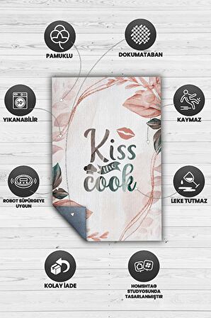 Homshtag Aşçıyı Öp Pamuklu Dokuma Tabanlı Yıkanabilir Kaymaz Dekoratif Mutfak Halısı