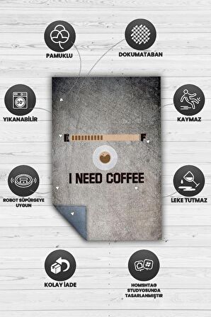 Homshtag Kahveye İhtiyacım Var Pamuklu Dokuma Tabanlı Yıkanabilir Kaymaz Dekoratif Halı