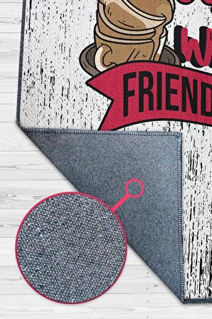 Homshtag Kahve Dostluğu Pamuklu Dokuma Tabanlı Yıkanabilir Kaymaz Dekoratif Halı