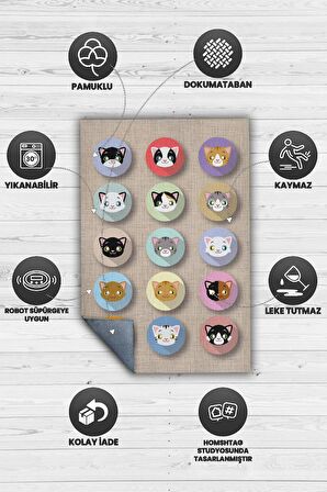 Homshtag Sevimli Kediler Pamuklu Dokuma Tabanlı Yıkanabilir Kaymaz Dekoratif Halı