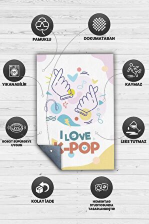 Homshtag K-popu Seviyorum Pamuklu Dokuma Tabanlı Yıkanabilir Kaymaz Dekoratif Halı