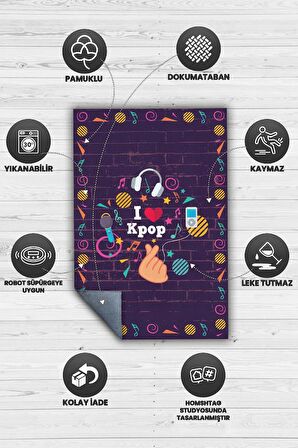 Homshtag K-pop Dünyası Pamuklu Dokuma Tabanlı Yıkanabilir Kaymaz Dekoratif Halı