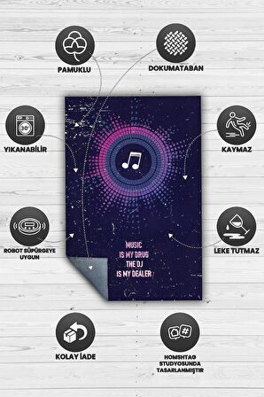 Homshtag Müzik Bağımlısı Pamuklu Dokuma Tabanlı Yıkanabilir Kaymaz Dekoratif Halı