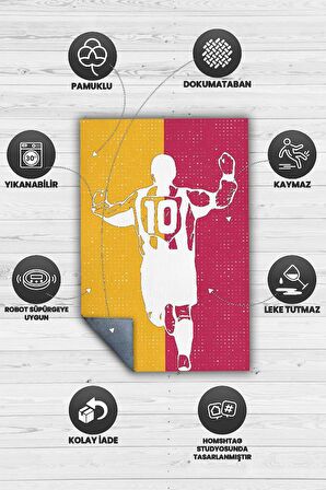 Homshtag Efsane 10 Sarı-Kırmızı Pamuklu Dokuma Tabanlı Yıkanabilir Kaymaz Dekoratif Futbol Sever Halısı