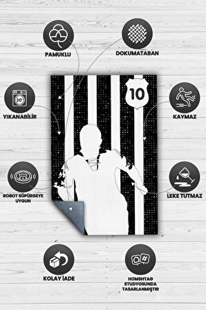 Homshtag Efsane 10 Siyah-Beyaz Pamuklu Dokuma Tabanlı Yıkanabilir Kaymaz Dekoratif Futbol Sever Halısı