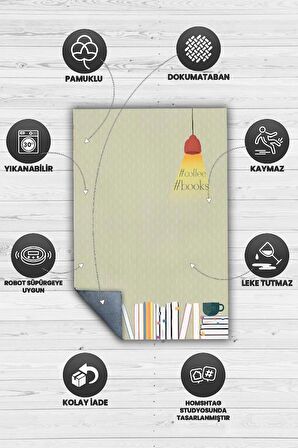 Homshtag Kahve ve Kitaplar Pamuklu Dokuma Tabanlı Yıkanabilir Kaymaz Dekoratif Kitap Sever Halısı