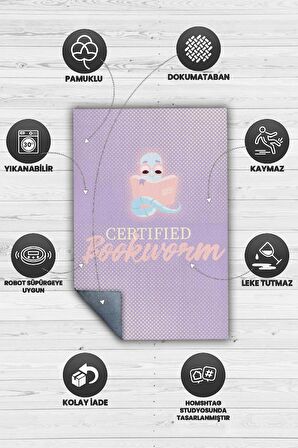 Homshtag Sertifikalı Kitap Kurdu Pamuklu Dokuma Tabanlı Yıkanabilir Kaymaz Dekoratif Kitap Sever Halısı