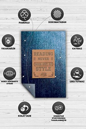 Homshtag Okumanın Modası Geçmez Pamuklu Dokuma Tabanlı Yıkanabilir Kaymaz Dekoratif Kitap Sever Halısı