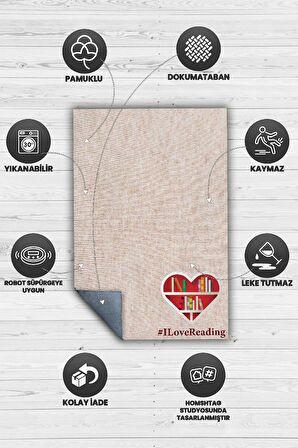 Homshtag Okumaya Aşığım Pamuklu Dokuma Tabanlı Yıkanabilir Kaymaz Dekoratif Kitap Sever Halısı