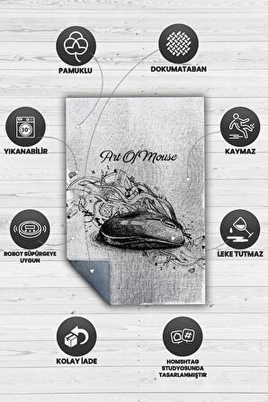 Homshtag Mouse Sanatı Pamuklu Dokuma Tabanlı Yıkanabilir Kaymaz Tasarımcı Halısı