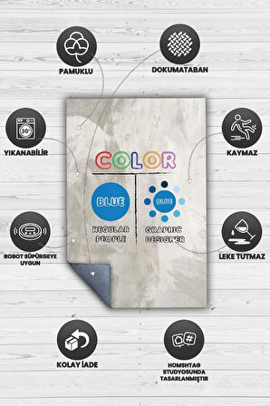 Homshtag Tasarımcı Mavisi Pamuklu Dokuma Tabanlı Yıkanabilir Kaymaz Tasarımcı Halısı