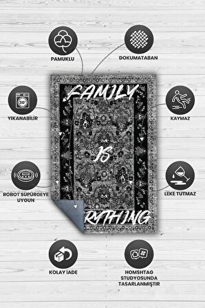 Homshtag Aile Herşeydir Pamuklu Dokuma Tabanlı Yıkanabilir Kaymaz Dekoratif Ev Aile Halısı